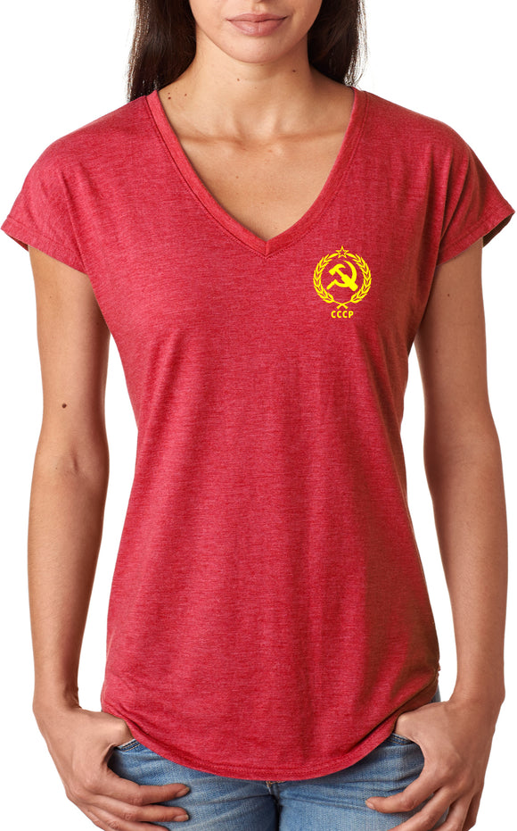 Ladies CCCP T-shirt Crest Pocket Print Triblend V-Neck - Yoga Clothing for You