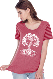 White Celtic Tree Striped Multi-Contrast Yoga Tee Shirt - Yoga Clothing for You