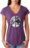 Ladies Peace T-shirt Earth Satellite Symbol Triblend V-Neck - Yoga Clothing for You