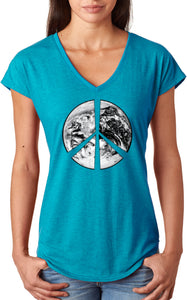 Ladies Peace T-shirt Earth Satellite Symbol Triblend V-Neck - Yoga Clothing for You