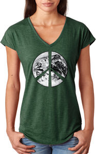 Ladies Peace T-shirt Earth Satellite Symbol Triblend V-Neck - Yoga Clothing for You