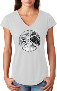 Ladies Peace T-shirt Earth Satellite Symbol Triblend V-Neck - Yoga Clothing for You