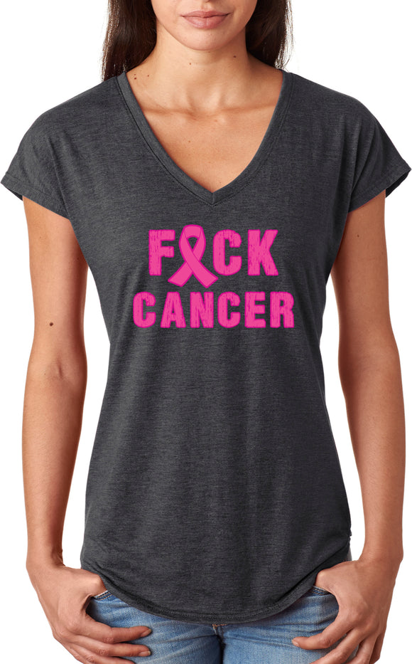 Breast Cancer T-shirt Fxck Cancer Ladies Triblend V-Neck - Yoga Clothing for You