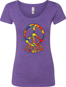 Ladies Peace T-shirt Funky 70's Peace Sign Scoop Neck - Yoga Clothing for You