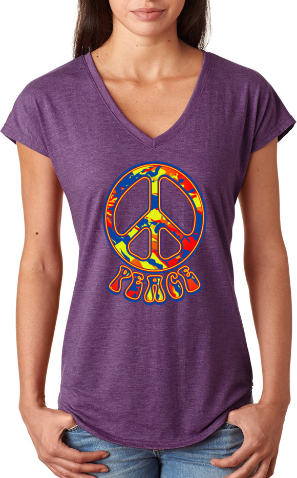 Ladies Peace T-shirt Funky 70's Peace Sign Triblend V-Neck - Yoga Clothing for You