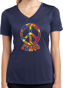 Ladies Peace T-shirt Funky 70's Peace Sign Dry Wicking V-Neck - Yoga Clothing for You