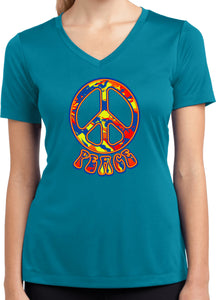 Ladies Peace T-shirt Funky 70's Peace Sign Dry Wicking V-Neck - Yoga Clothing for You