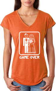 Ladies Game Over Triblend V-Neck Shirt White Print - Yoga Clothing for You