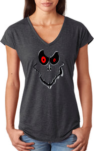 Ladies Halloween T-shirt Ghost Face Triblend V-Neck - Yoga Clothing for You