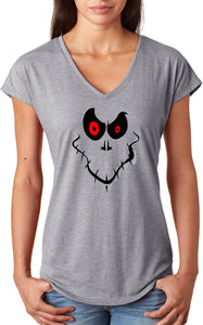 Ladies Halloween T-shirt Ghost Face Triblend V-Neck - Yoga Clothing for You