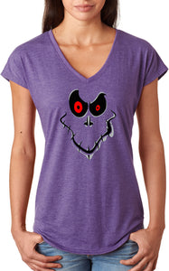 Ladies Halloween T-shirt Ghost Face Triblend V-Neck - Yoga Clothing for You