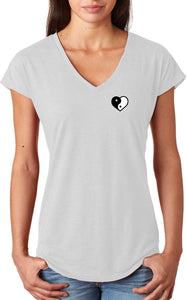 Yin Yang Heart Pocket Print Triblend V-neck Yoga Tee Shirt - Yoga Clothing for You