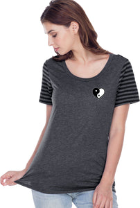 Yin Yang Heart Pocket Print Striped Multi-Contrast Tee - Yoga Clothing for You