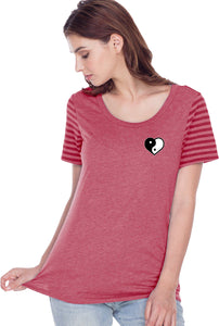 Yin Yang Heart Pocket Print Striped Multi-Contrast Tee - Yoga Clothing for You