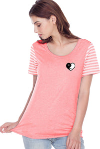 Yin Yang Heart Pocket Print Striped Multi-Contrast Tee - Yoga Clothing for You