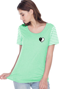 Yin Yang Heart Pocket Print Striped Multi-Contrast Tee - Yoga Clothing for You