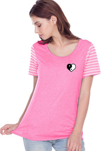 Yin Yang Heart Pocket Print Striped Multi-Contrast Tee - Yoga Clothing for You