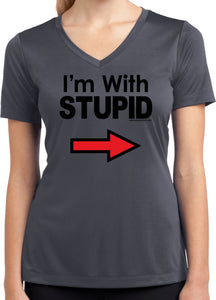 I'm With Stupid Shirt Black Print Ladies Moisture Wicking V-Neck - Yoga Clothing for You