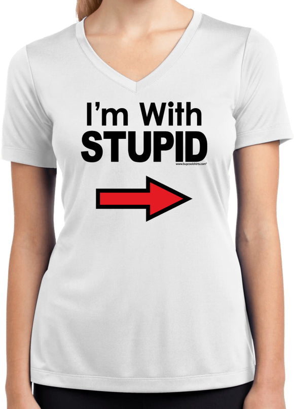 I'm With Stupid Shirt Black Print Ladies Moisture Wicking V-Neck - Yoga Clothing for You