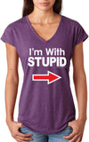 Ladies I'm With Stupid T-shirt White Print Triblend V-Neck - Yoga Clothing for You