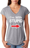 Ladies I'm With Stupid T-shirt White Print Triblend V-Neck - Yoga Clothing for You