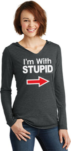 Ladies I'm With Stupid T-shirt White Print Tri Blend Hoodie - Yoga Clothing for You