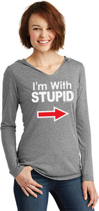 Ladies I'm With Stupid T-shirt White Print Tri Blend Hoodie - Yoga Clothing for You