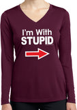 Ladies I'm With Stupid Shirt White Print Dry Wicking Long Sleeve - Yoga Clothing for You