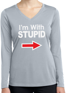 Ladies I'm With Stupid Shirt White Print Dry Wicking Long Sleeve - Yoga Clothing for You