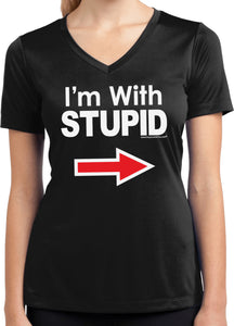 Ladies I'm With Stupid Shirt White Print Moisture Wicking V-Neck - Yoga Clothing for You