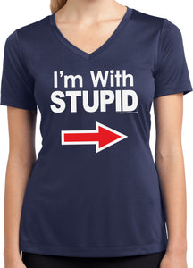 Ladies I'm With Stupid Shirt White Print Moisture Wicking V-Neck - Yoga Clothing for You