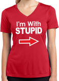 Ladies I'm With Stupid Shirt White Print Moisture Wicking V-Neck - Yoga Clothing for You