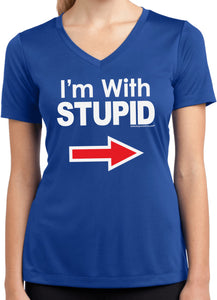 Ladies I'm With Stupid Shirt White Print Moisture Wicking V-Neck - Yoga Clothing for You