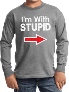 Kids I'm With Stupid T-shirt White Print Youth Long Sleeve - Yoga Clothing for You