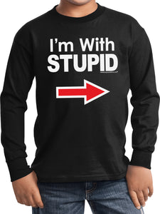 Kids I'm With Stupid T-shirt White Print Youth Long Sleeve - Yoga Clothing for You