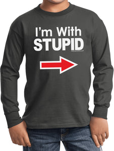 Kids I'm With Stupid T-shirt White Print Youth Long Sleeve - Yoga Clothing for You