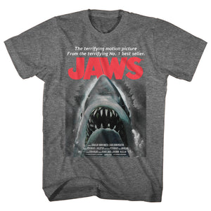 Jaws T-Shirt Terrifying Motion Picture Movie Poster Graphite Heather Tee - Yoga Clothing for You