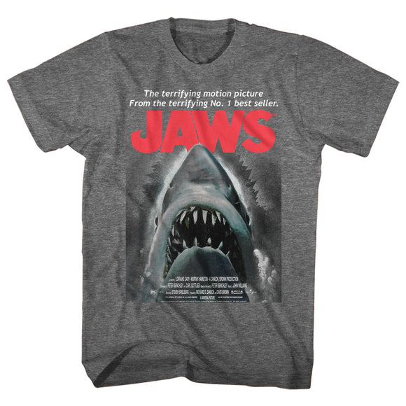 Jaws T-Shirt Terrifying Motion Picture Movie Poster Graphite Heather Tee - Yoga Clothing for You