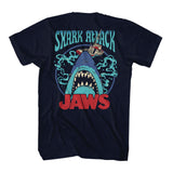 Jaws Shark Attack Boat Navy T-shirt Front and Back