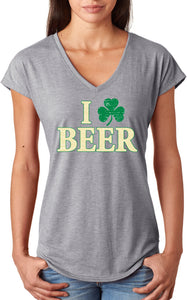 Ladies St Patricks Day Shirt I Love Beer Triblend V-Neck - Yoga Clothing for You