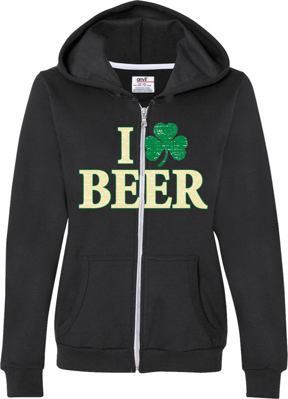 Ladies St Patricks Day Full Zip Hoodie I Love Beer - Yoga Clothing for You