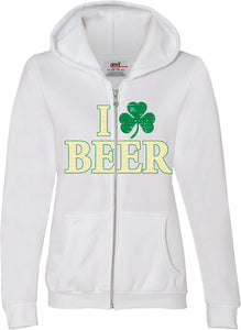 Ladies St Patricks Day Full Zip Hoodie I Love Beer - Yoga Clothing for You