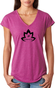 Black Namaste Lotus Triblend V-neck Yoga Tee Shirt - Yoga Clothing for You