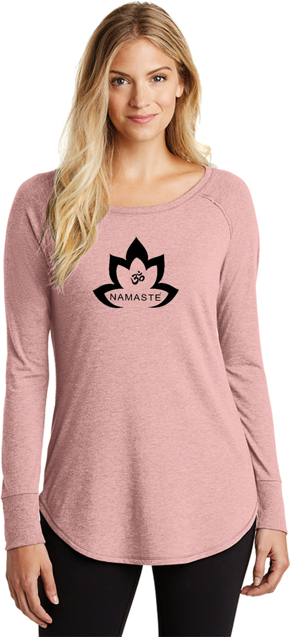 Black Namaste Lotus Triblend Long Sleeve Tunic Yoga Shirt - Yoga Clothing for You