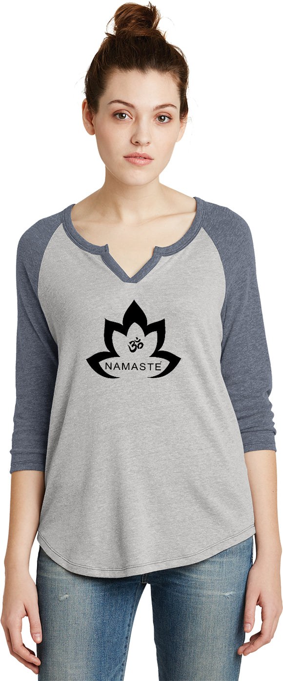 Black Namaste Lotus 3/4 Sleeve Vintage Yoga Tee Shirt - Yoga Clothing for You