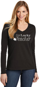 St Patricks Day One Lucky Teacher Ladies Long Sleeve V-neck Shirt - Yoga Clothing for You