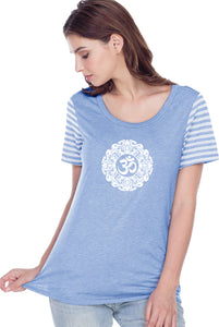 White Ornate OM Striped Multi-Contrast Yoga Tee Shirt - Yoga Clothing for You