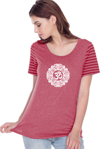 White Ornate OM Striped Multi-Contrast Yoga Tee Shirt - Yoga Clothing for You