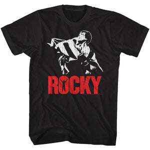 Rocky T-Shirt Holding American Flag Outline Red Logo Black Tee - Yoga Clothing for You