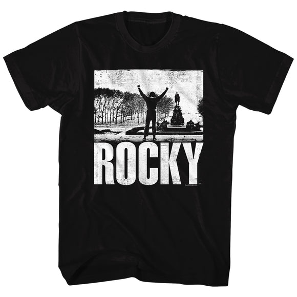 Rocky T-Shirt Distressed White Top Of Stairs Black Tee - Yoga Clothing for You